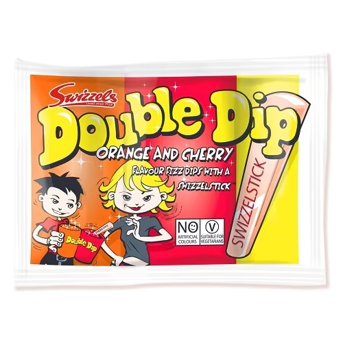 Swizzels Vegan Double Dip Sherbet Dips with orange and cherry fizz dips and a Swizzelstick.