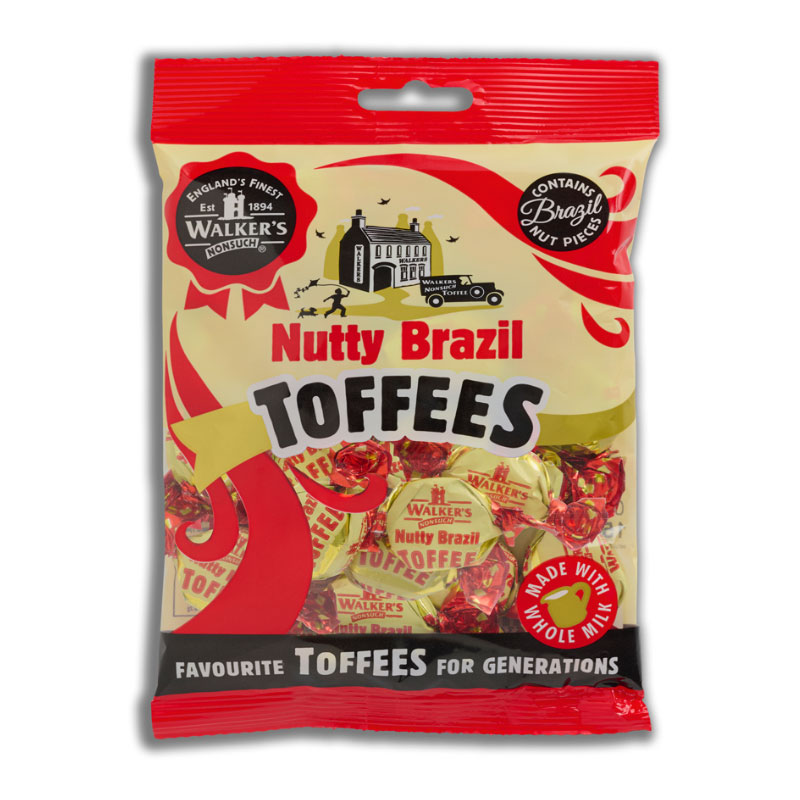 Walker's Nonsuch Nutty Brazil Toffees 150g bag with individually wrapped toffees visible.

